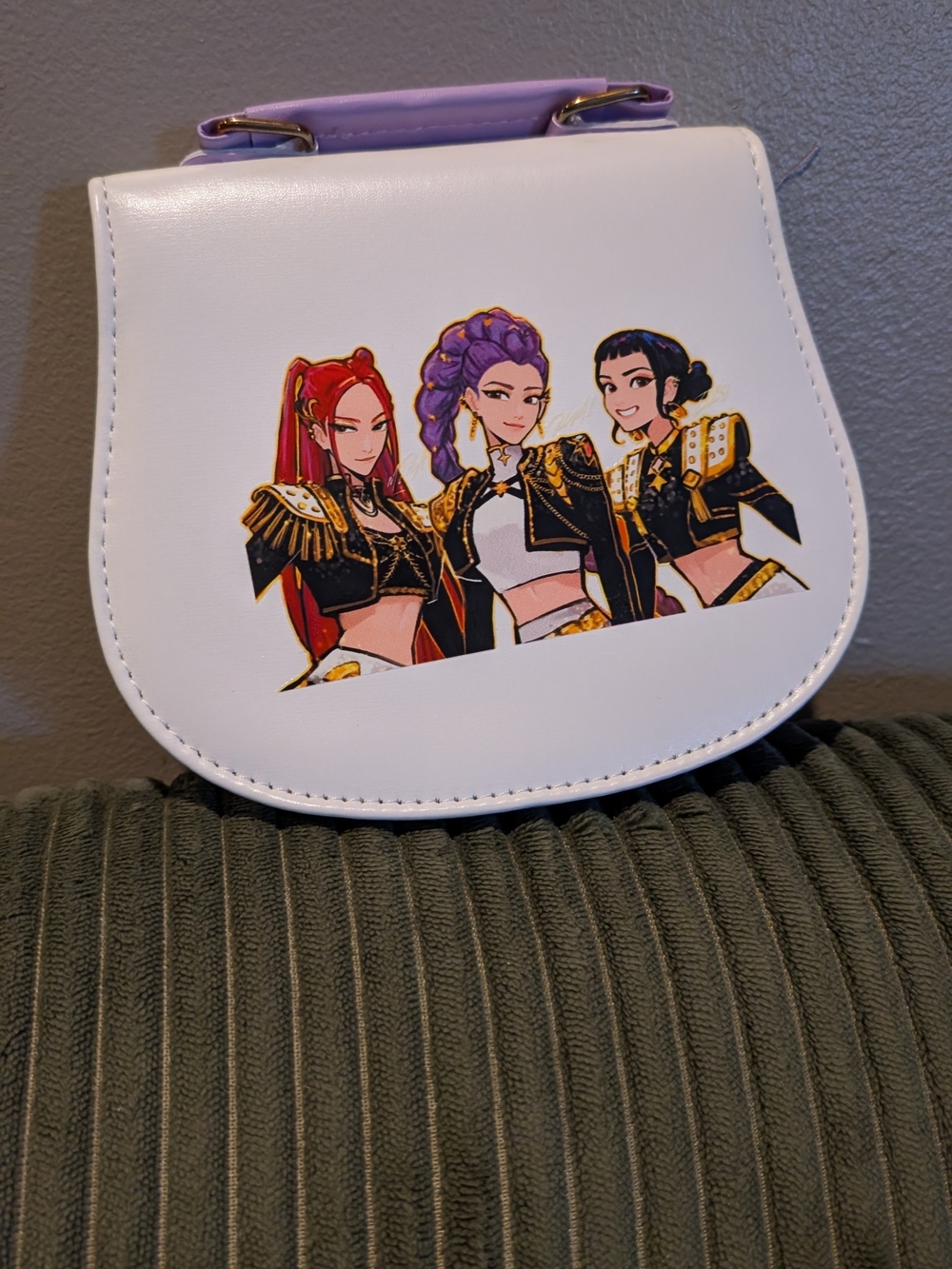 White and Lavender Women's Crossbody Bag with Character Print
